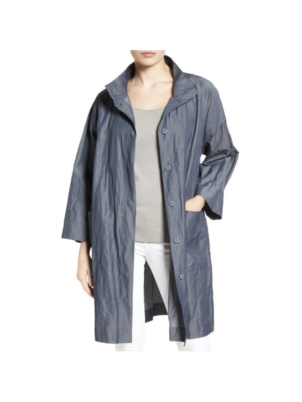 Eileen Fisher Minimalist Cotton Inox Steel Mandarin Collar Coat SnapFront Button
